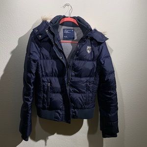 Navy blue AE puffer jacket with zip-off fur hood